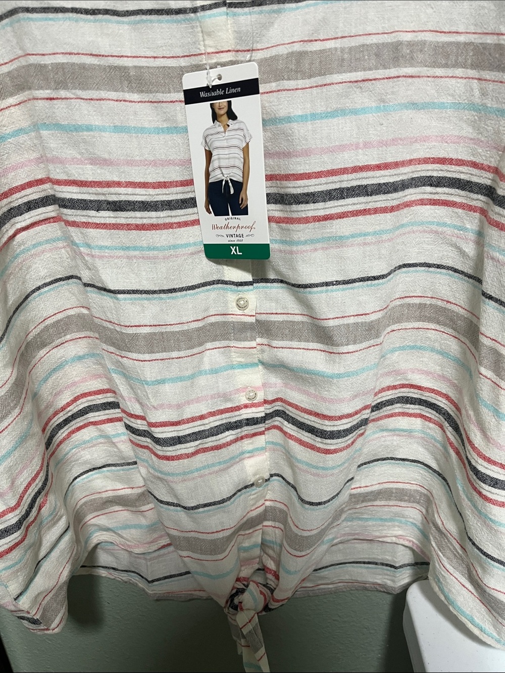 Weatherproof Striped Button-Up Linen Blend Blouse in White, Red & Teal - Picture 4 of 5